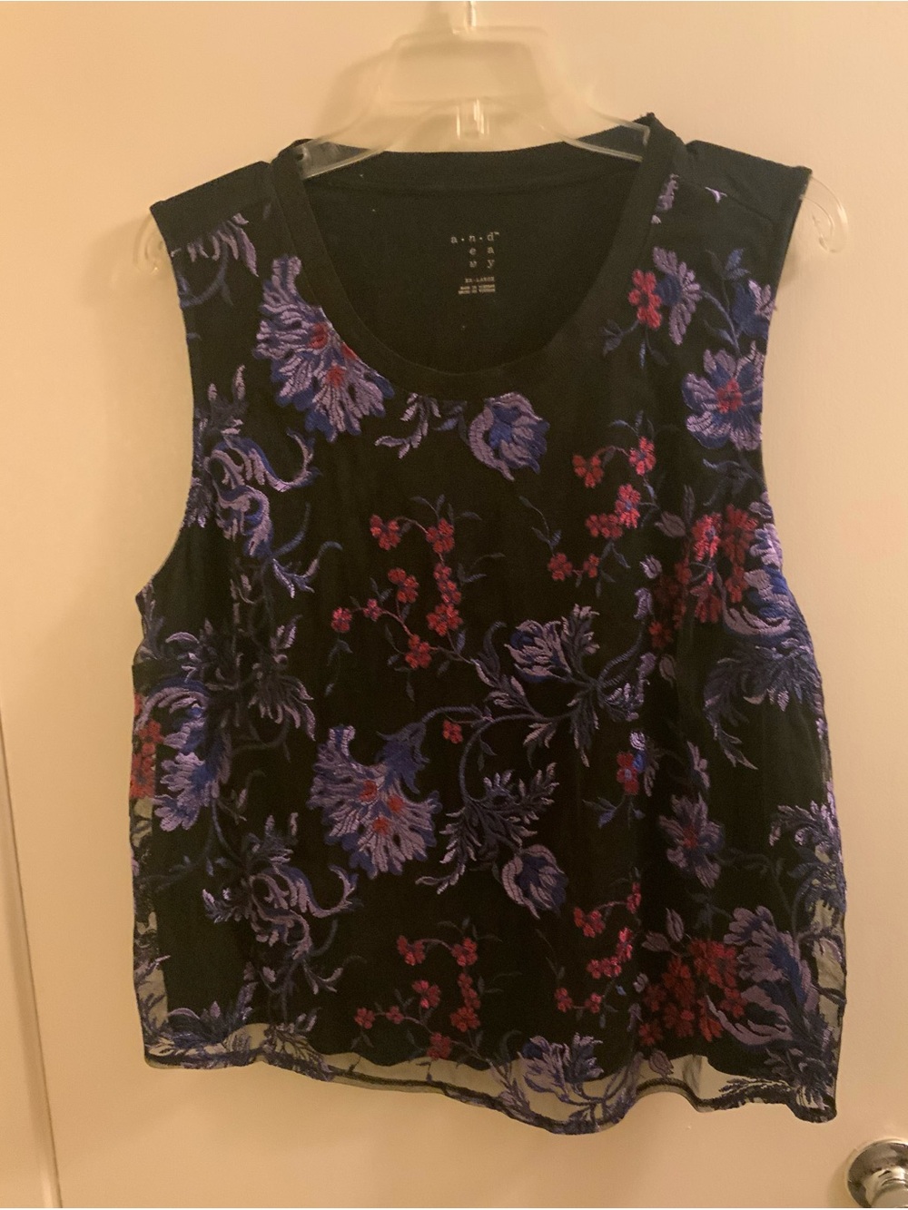a new day Y2K Inspired Black Sleeveless Tank Top-Purple & Pink Floral Embroidery